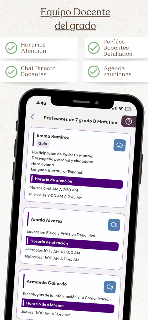 Directory of teachers with office hours and direct messaging on the Asuncion-Leon mobile app.