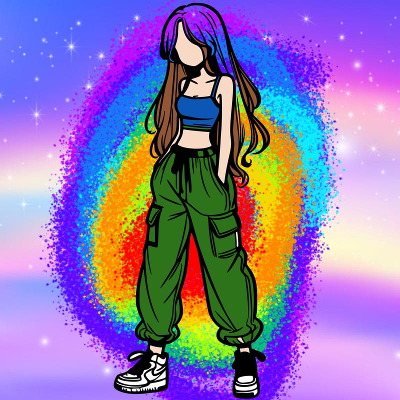 girl in baggy pants crop top and long hair