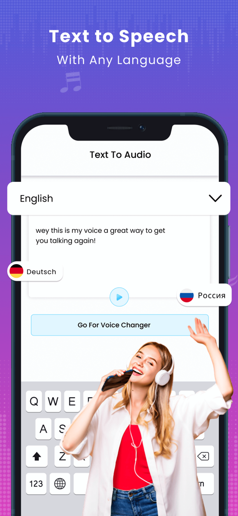 AI Voice Changer - Funny Prank - AI Voice Changer app interface displaying text to speech conversion in multiple languages.