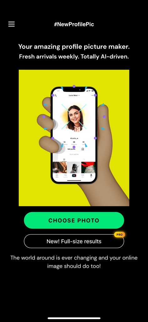 사진 선택 버튼이 있는 AI 아바타 메이커 인터페이스를 보여주는 New Profile Pic 앱 홈 화면