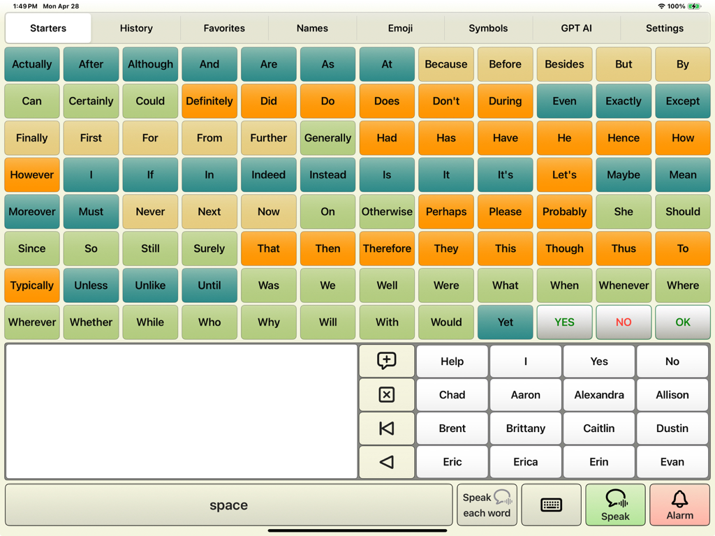 AI Communicator - AI Communicator AAC app interface on iPad featuring a word grid for speech assistance