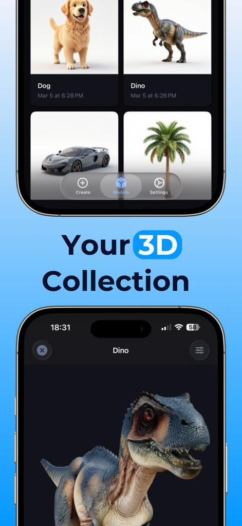 A mobile app interface showing a gallery of 3D models including a dog and a dinosaur