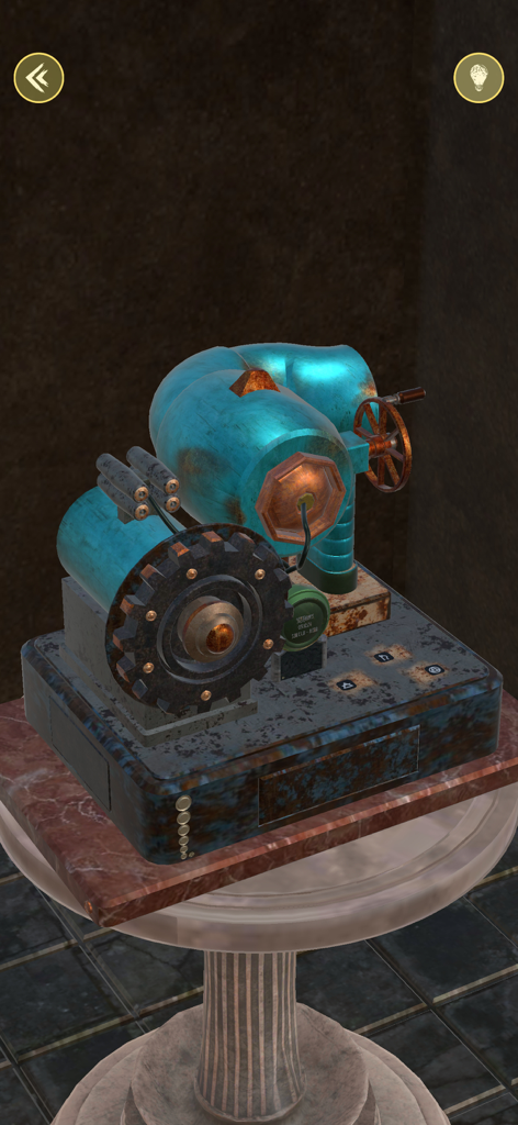 Odd Machines: Escape a Temple - 古代寺院の台座の上に置かれた、歯車とクランクを備えた複雑な青色のメカニカルパズルボックス