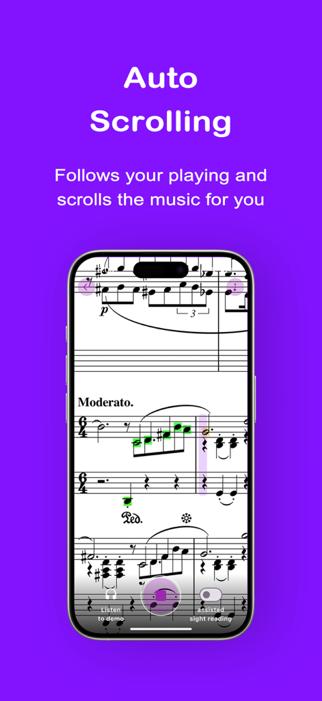 Harmono Piano: Play Any Song - Harmono Piano app interface showing the hands-free auto-scrolling sheet music feature