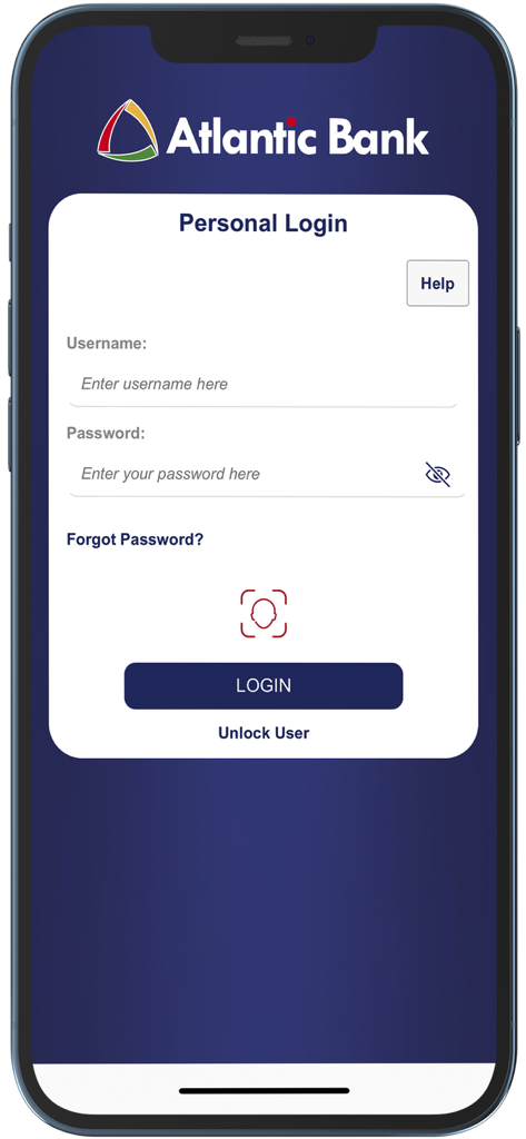 Atlantic Bank Mobile Banking - Pantalla de inicio de sesión personal de la aplicación móvil de Atlantic Bank con campos de nombre de usuario y contraseña.