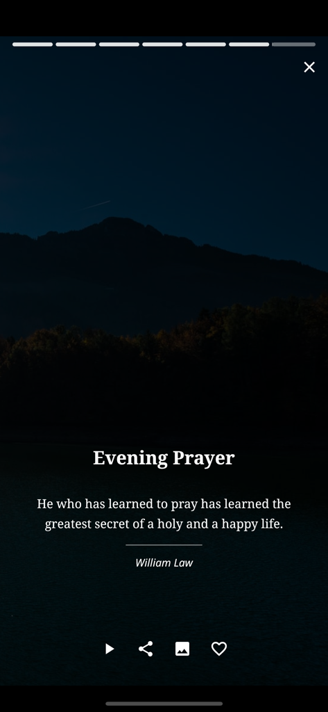 Daily Light On The Daily Path - Daily Light app screen showing an evening prayer quote by William Law over a dark mountain landscape