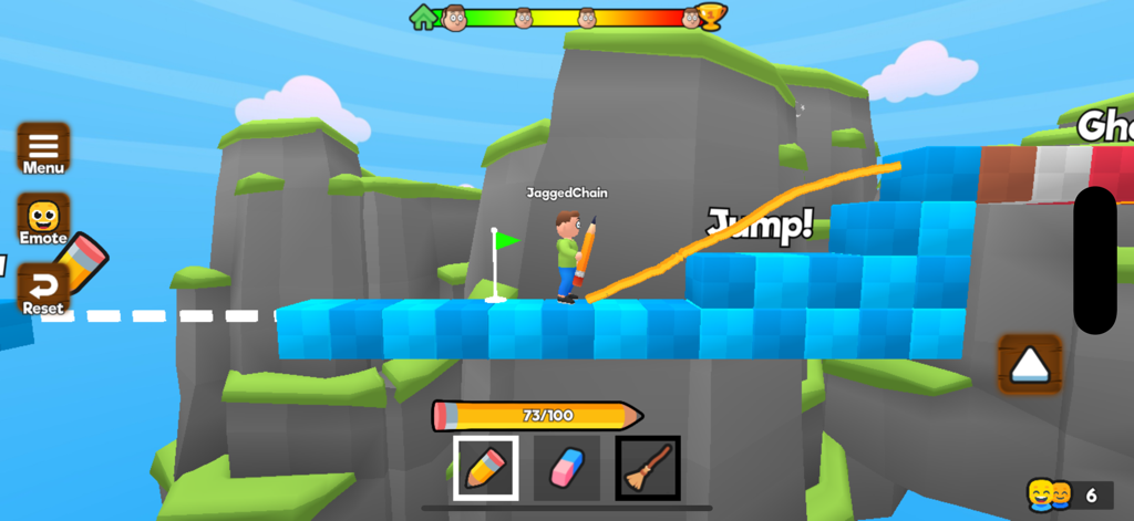A character in Draw my Path Obby using a pencil to create a path over blue platforms in a parkour game