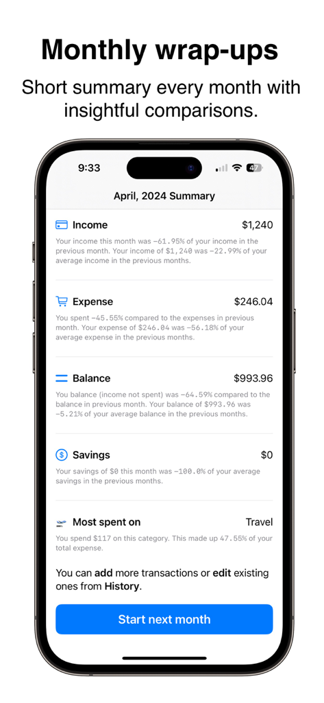 Money-Wise - Schermata di riepilogo mensile dell'app Money-Wise che mostra un riepilogo finanziario con spese, redditi e confronti di budget