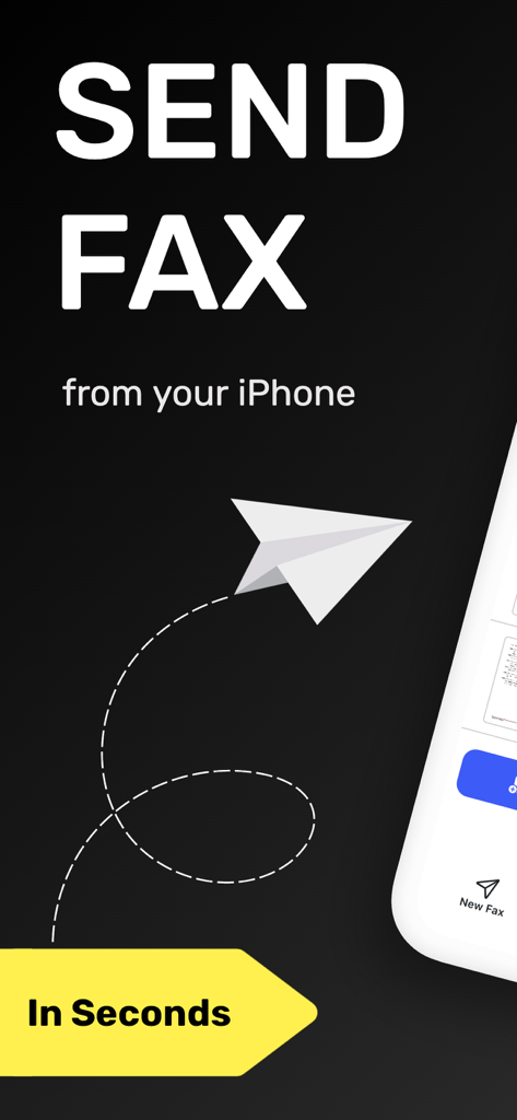 Promotional screen for the Send FAX from iPhone app highlighting speed and ease of use.
