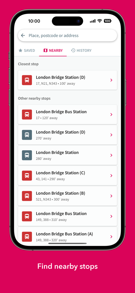 London Bus Checker app screen displaying nearby bus stops and stations around London Bridge
