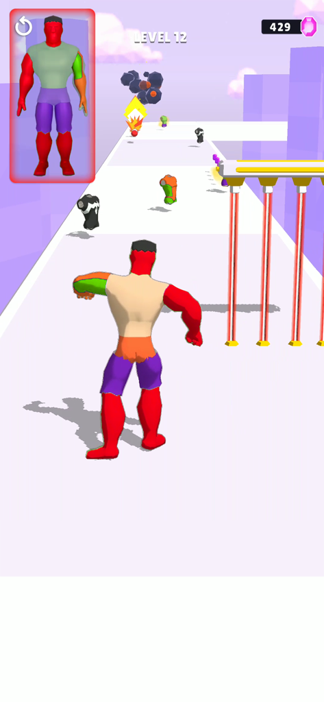 A superhero character running through a level and collecting body parts in the Mashup Hero mobile game