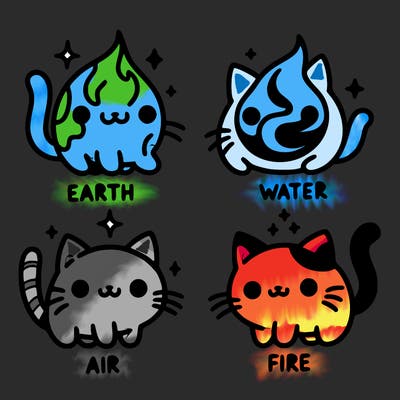 4 cats that represent the different elements, earth, water, air, and fire