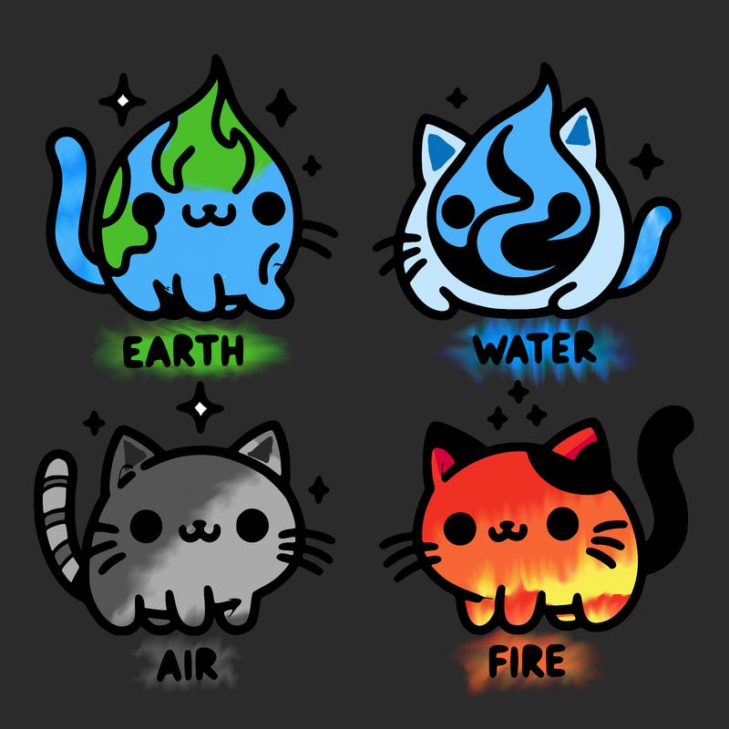 4 cats that represent the different elements, earth, water, air, and fire
