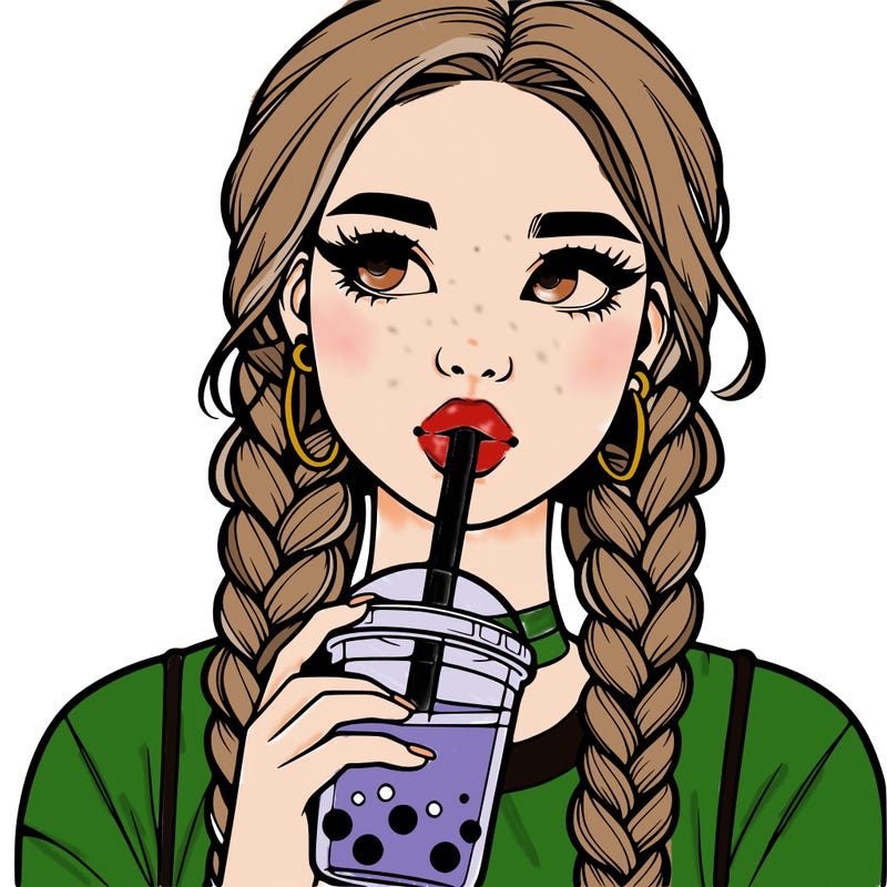 realistic girl with braided hair drinking boba