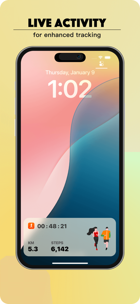 Widget de atividade ao vivo do aplicativo fitAnalytica na tela de bloqueio do iPhone mostrando passos, distância e duração