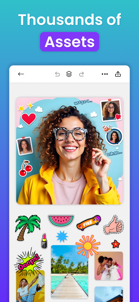 ソーシャルメディア編集用のステッカー、アイコン、写真を含む、さまざまなグラフィックデザインアセットを示すモバイルアプリインターフェイス