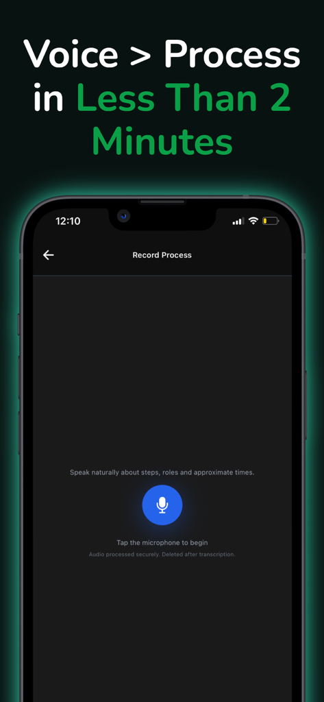 SOPmate: SOP Generator - Tela de smartphone mostrando a interface de gravação de voz do aplicativo SOPmate para gerar processos de negócios