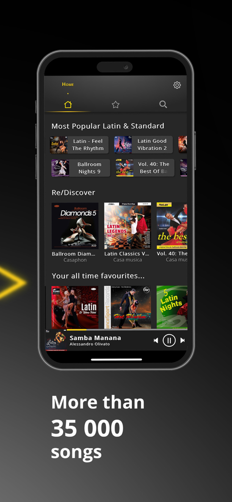 DanStream app home screen showing a library of over 35000 Latin and Ballroom dance songs