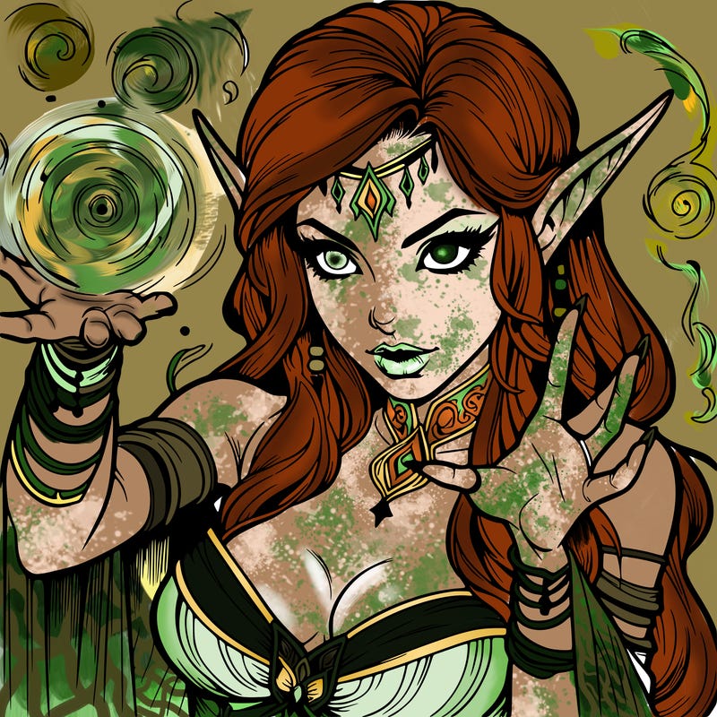realistic scary beautiful elf sorceress casting spell