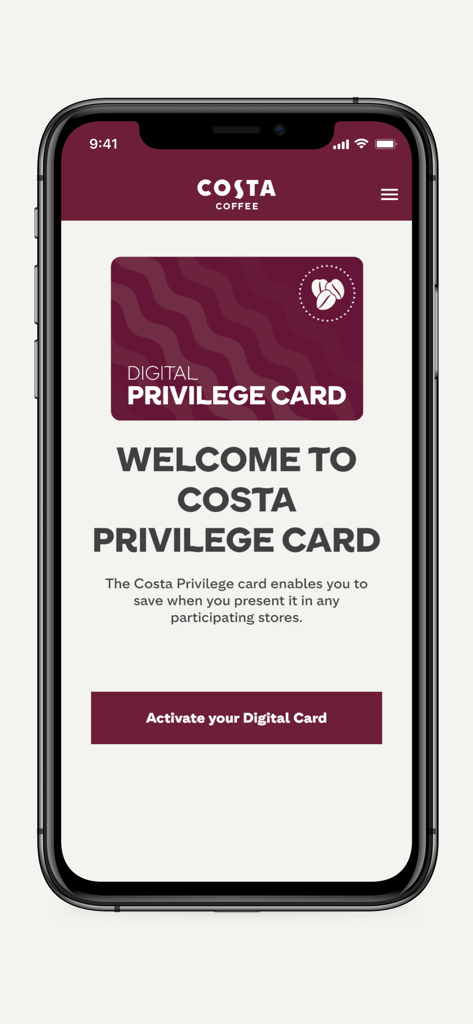 Costa Privilege Card - Costa Privilege Card app welcome and activation screen
