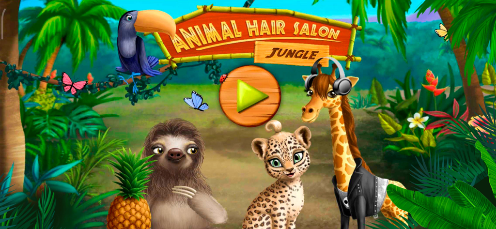 Jungle Animal Hair Salon! - 南国のジャングルにナマケモノ、ヒョウ、キリンが登場するジャングル・アニマル・ヘアサロンのメインメニュー。