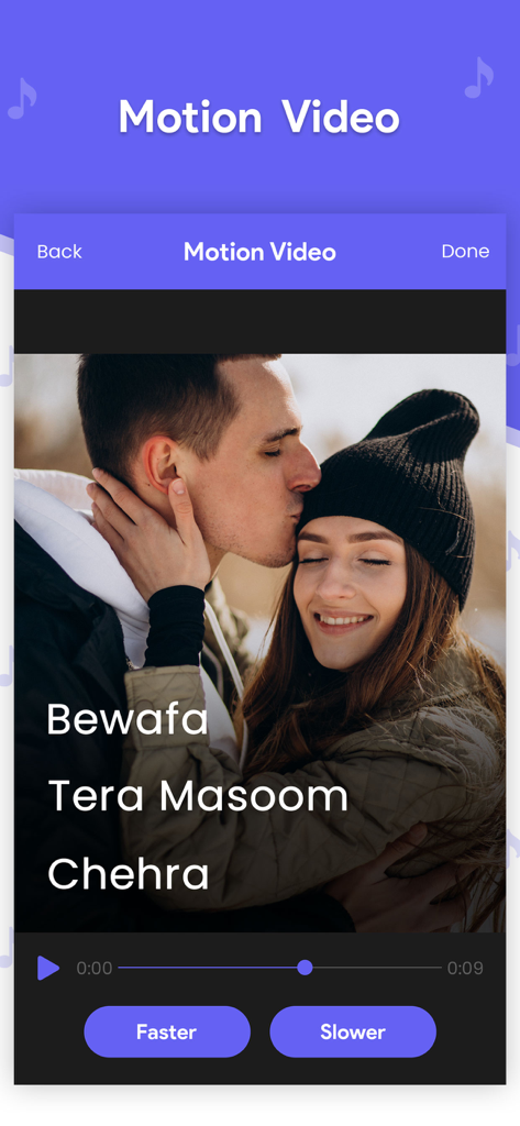 Video Editor - Add Music - Video Editor app screen showing Motion Video speed controls with faster and slower buttons