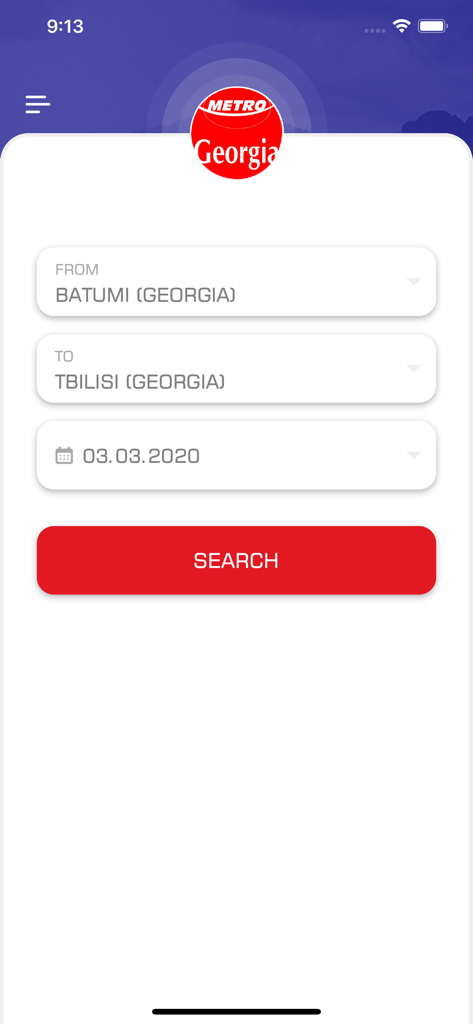 Metro Georgia - Metro Georgia mobile app interface showing a search screen for bus tickets from Batumi to Tbilisi