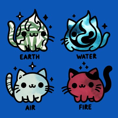 4 cats that represent the different elements, earth, water, air, and fire