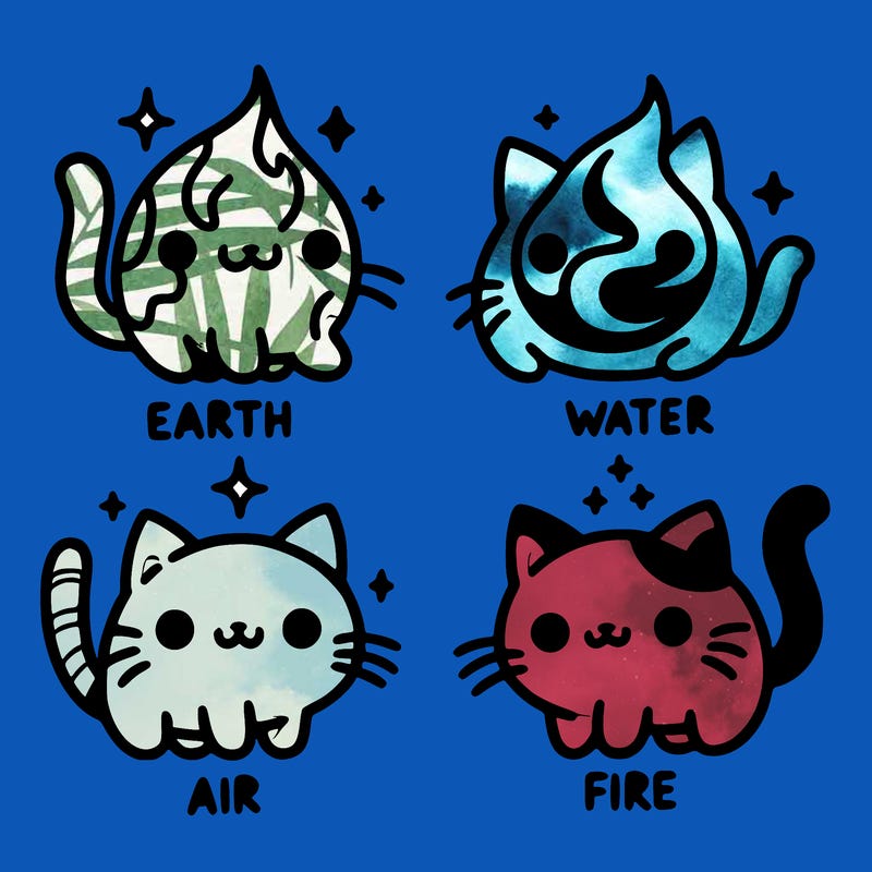 4 cats that represent the different elements, earth, water, air, and fire