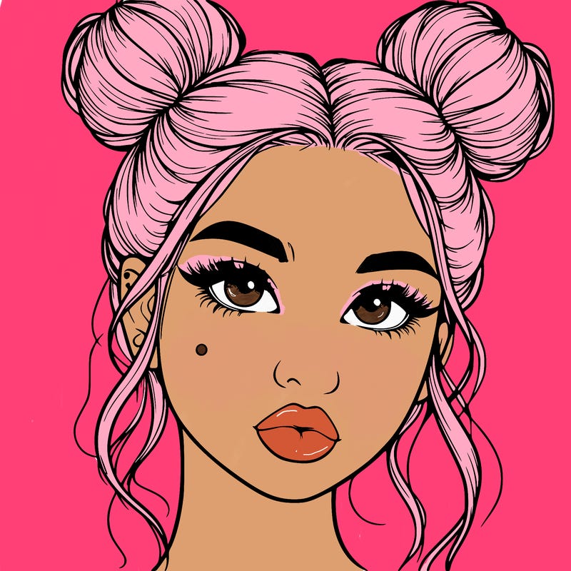realistic girl with two buns on her hair and lips