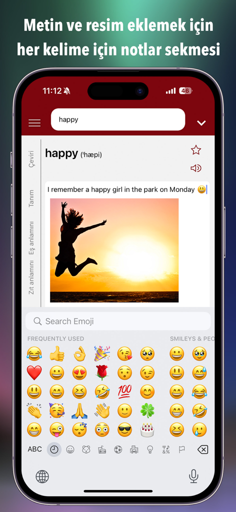 Una interfaz móvil de la aplicación Ceviri plus que muestra una pestaña de notas personales para la palabra 'happy' con un ejemplo de texto y una imagen subida.