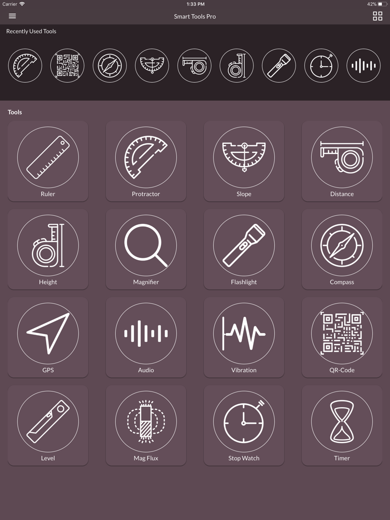 Smart Tools Pro HD - Interfaz de la aplicación Smart Tools Pro HD para iPad que muestra una cuadrícula de iconos de herramientas de medición y utilidad como regla, transportador y brújula