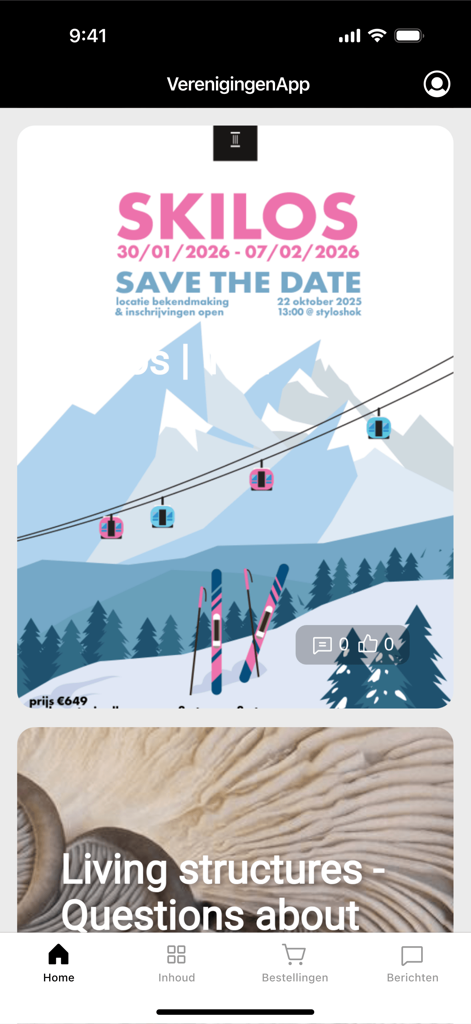 Stylos - Tela inicial do aplicativo Stylos apresentando eventos da associação estudantil e conteúdo de arquitetura