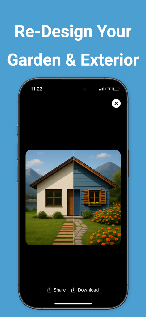 Home AI: Home Design & Garden - Before and after comparison of a house exterior and garden redesign using AI technology