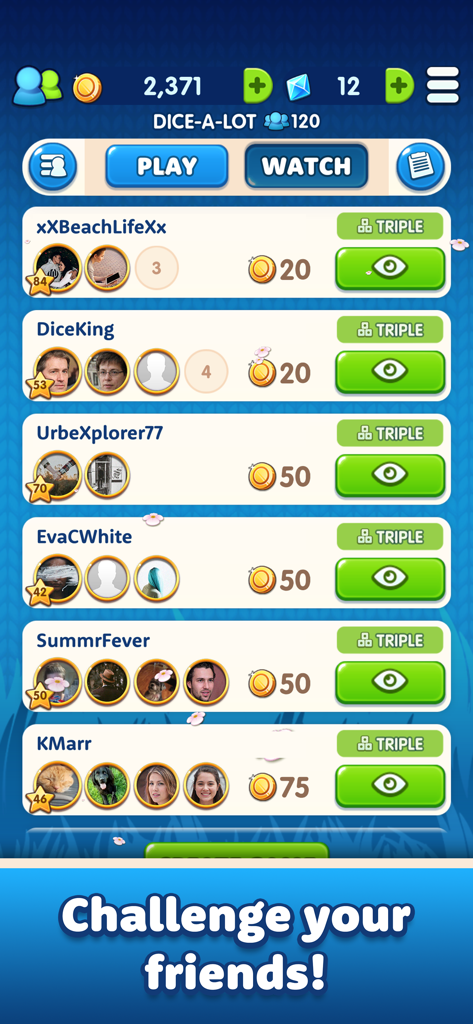 Royaldice: Dice with Everyone - Royaldice mobile app interface showing a list of active dice games and friends to challenge online.