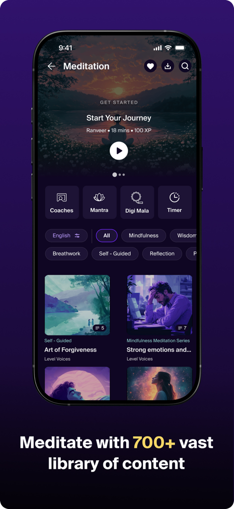 Level app meditation screen with guided sessions and wellness categories