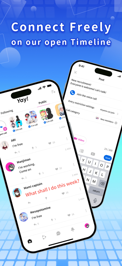 Interfaz móvil de la aplicación Yay mostrando un feed social público y una pantalla de creación de llamadas de voz.