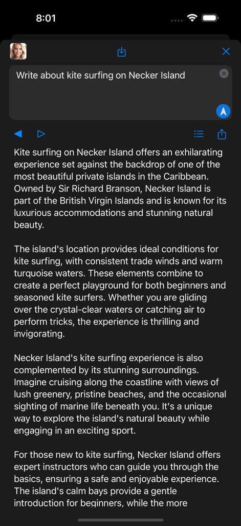 Jen-AI mobile app screen displaying an AI generated response about kite surfing.