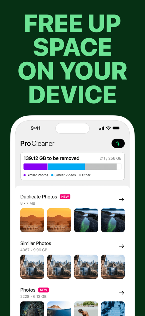 Pro Cleaner App-Oberfläche zeigt Speicheranalyse und Gruppen von doppelten und ähnlichen Fotos zur Löschung