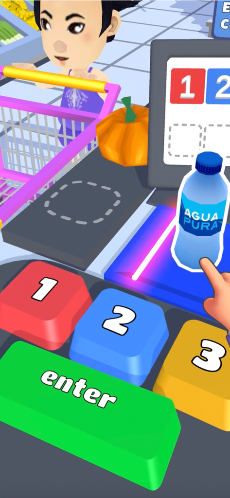 A 3D simulation of a supermarket cashier scanning a water bottle at a colorful checkout counter
