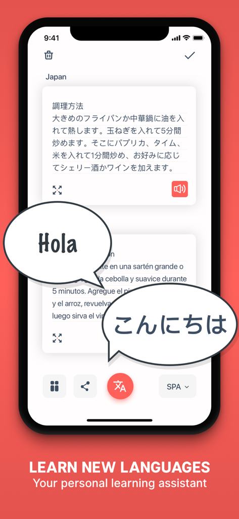 Interfaz de aplicación móvil que muestra texto en japonés traducido al español con burbujas de diálogo que dicen Hola y Konnichiwa.