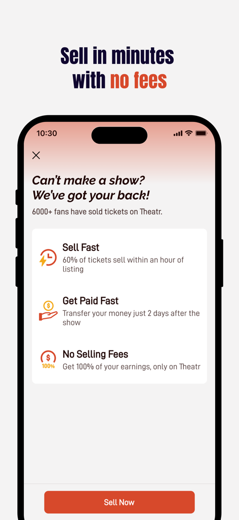 Theatr app interface showing zero selling fees and fast payment features