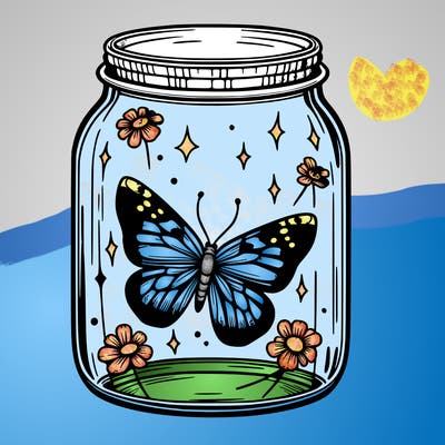 butterfly trapped in a glass jar, realistic