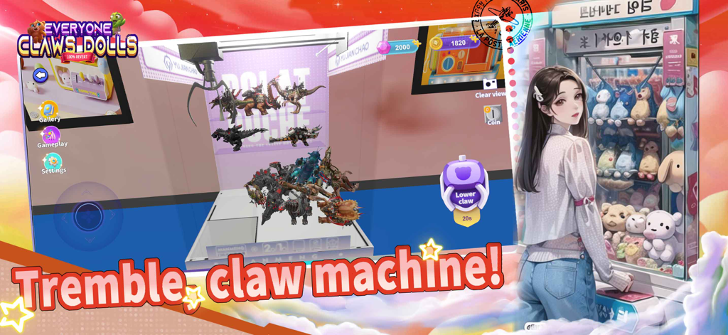 Coin Dozer Carnival: Gold Claw - In-game view of a virtual claw machine filled with dinosaur toys and an anime girl character.