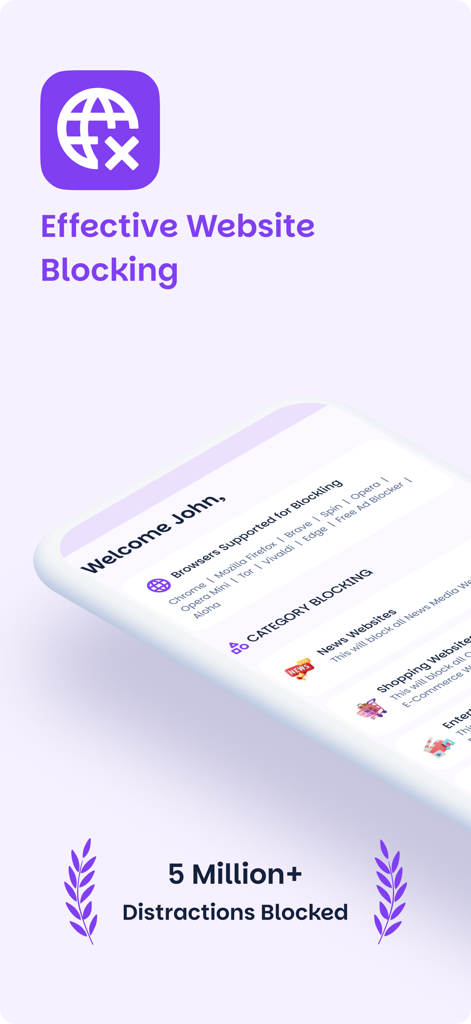 Mobile app screenshot showing website blocking features and supported browsers for productivity