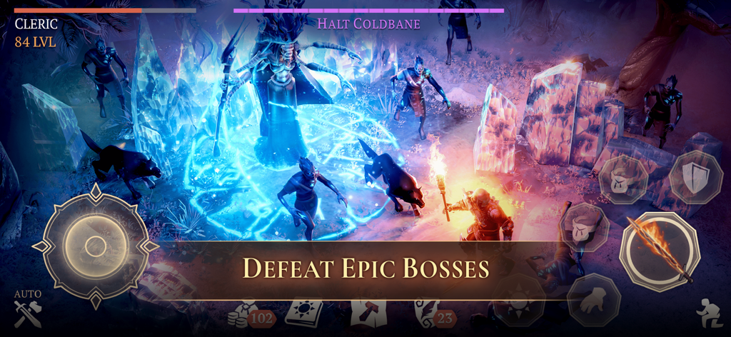 Un personaje luchando contra un jefe épico con una espada flamígera en Grim Soul Survival Magic RPG.