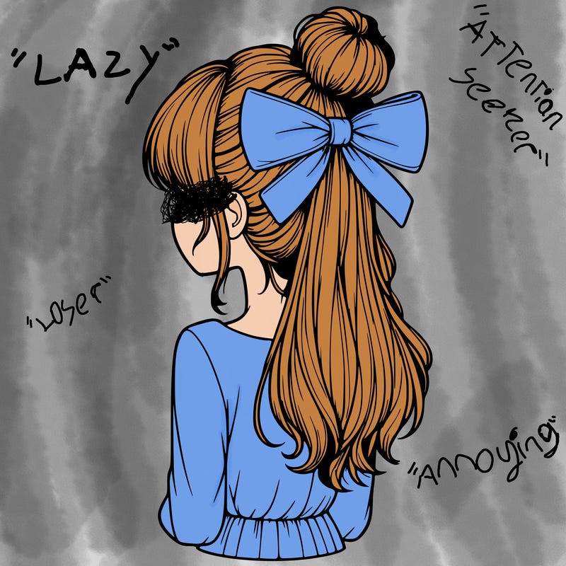 realistic girl  with hip length hair a bun and a big bow on the back of head