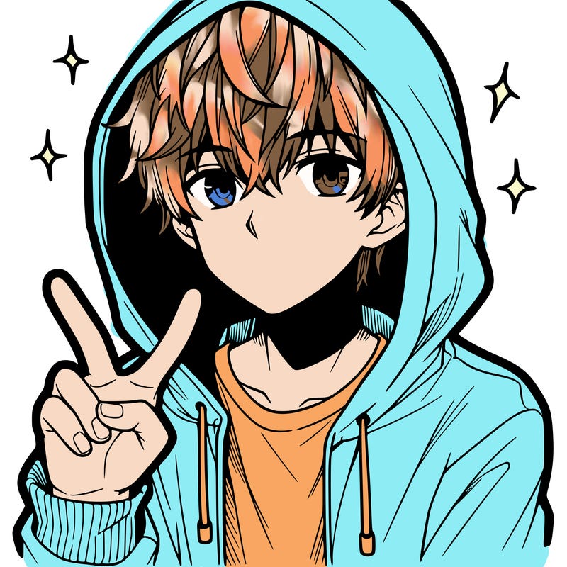 teenage manga boy in a hoodie, doing ✌