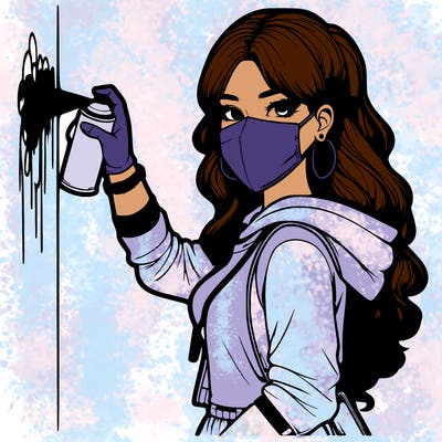 realistic girl with mask spray painting a wall