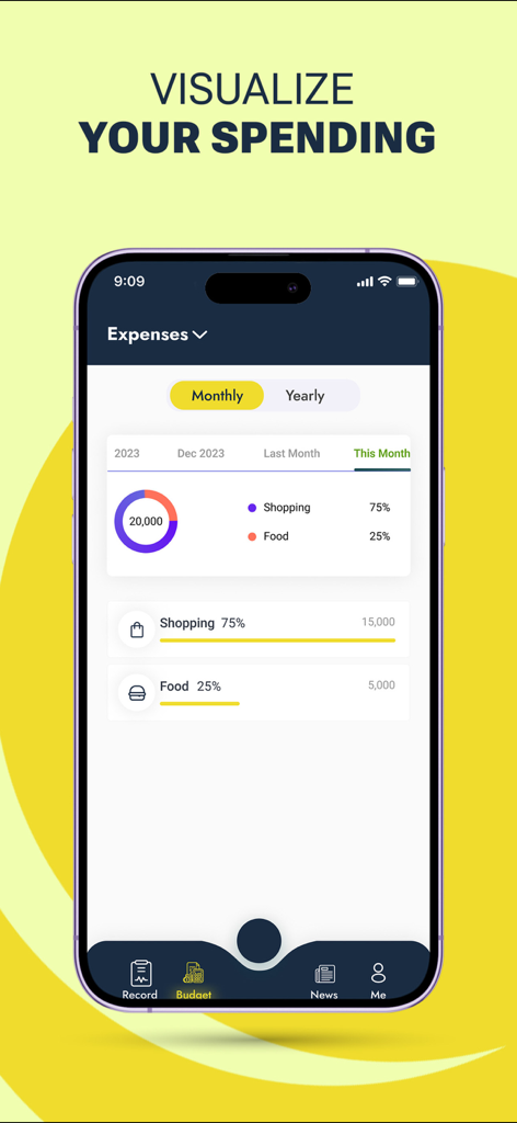 Monify app screenshot showing a monthly expense donut chart and category breakdown for shopping and food